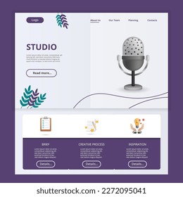 Plantilla del sitio web de la página de inicio plana de Studio. Breve, proceso creativo, inspiración. Banner web con encabezado, contenido y pie de página. Ilustración vectorial.