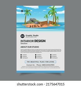 Studio Flyer Service Company Business Poster For Studio And The Sea Template. Studio Design Studio Brochure Design With Green Tree, Plant And Japanese Rock Garden Badge