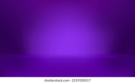 Fundo roxo escuro gradiente do estúdio, luz brilha chão batendo parede, interior vazio da sala para exibição do produto no tom da noite com luzes e superfície brilhante para o carro, motocicleta, tecnologia moderna.