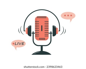 Auriculares de estudio y micrófono clásico en un soporte. inscripción en vivo. Equipo para grabar podcasts y escuchar música. Ilustración vectorial aislada en fondo blanco.