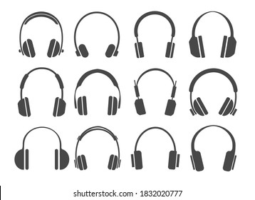 Studio headphones icons. Radio dj and music lover stereo headphone set for clear sound listening vector black icon set on white