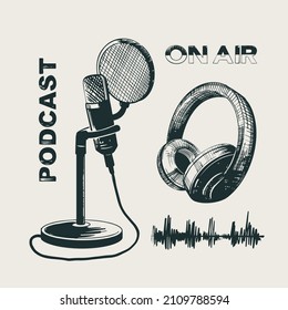 Studio Headphones, Microphone On Stand And Sound Wave. Vector Isolated Sketch Elements For Podcast Show Design.