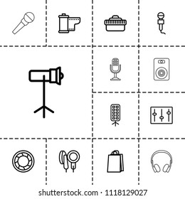 Studio icon. collection of 13 studio outline icons such as shopping bag, microphone, sliders, camera shutter, camera tape. editable studio icons for web and mobile.