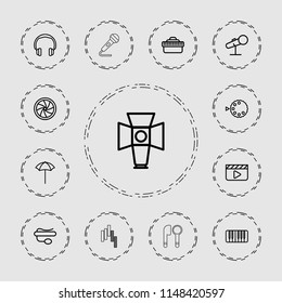 Studio icon. collection of 13 studio outline icons such as clapper board, headphones, pin microphone, piano, soft box. editable studio icons for web and mobile.