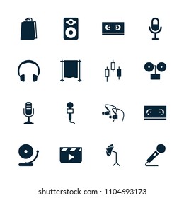Studio icon. collection of 16 studio filled icons such as shopping bag, gramophone, clapper board, headphones, film tape, microphone. editable studio icons for web and mobile.
