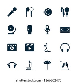 Studio icon. collection of 16 studio filled icons such as headphones, film tape, movie clapper, microphone, camera lens. editable studio icons for web and mobile.