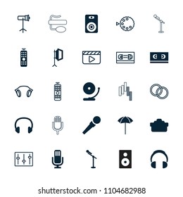 Studio icon. collection of 25 studio filled and outline icons such as headset, camera lense, soft box, remote control, clapper board. editable studio icons for web and mobile.