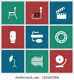 Studio icon. collection of 9 studio filled icons such as equalizer, camera shutter, camera lense, chair, gramophone, movie clapper. editable studio icons for web and mobile.