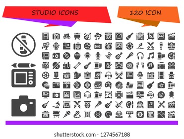  studio icon set. 120 filled studio icons. Simple modern icons about  - No alcohol, Photo camera, Graphic tablet, Film, Picture, Canvas, Guitar, Music, Turntable, Amplifier, Design