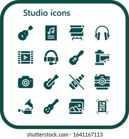 studio icon set. 16 filled studio icons. Included Guitar, Poster, Canvas, Headphones, Film roll, Film, Photo camera, No alcohol, Gramophone, Picture, Layout icons