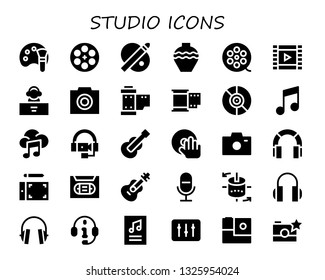 studio icon set. 30 filled studio icons.  Simple modern icons about  - Color palette, Film reel, Palette, Pottery, Film roll, DJ, Photo, Reel, Film, Vinyl, Music, Headphones, Guitar