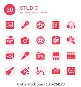 studio icon set. Collection of 20 filled studio icons included Picture, Microphone, Shutter, Photo, Headphones, Camera, Music memos, Camera lens, Karaoke, Radio, Easel, Clapperboard