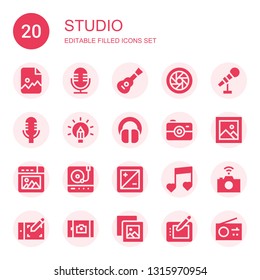 studio icon set. Collection of 20 filled studio icons included Image, Microphone, Guitar, Shutter, Creativity, Headphones, Camera, Picture, Turntable, Diaphragm, Music, Photo camera