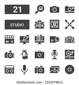 studio icon set. Collection of 21 filled studio icons included Recording, Picture, Camera, Microphone, Radio, Turntable, Photo camera, Ballet, Vinyl, Graphic design, Clapperboard