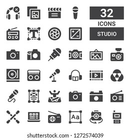 studio icon set. Collection of 32 filled studio icons included Radio, Camera, Typography, Layout, Earbuds, Photo camera, Yoga, Design, Microphone, Palette, Film, Headphones, Turntable