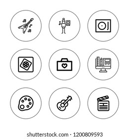 Studio icon set. collection of 9 outline studio icons with clapperboard, guitar, graphic design, graphic designer, palette, photo camera icons. editable icons.