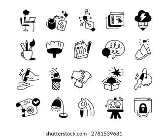 Studio icon set featuring designer workplace coffee sketch pen tool editor idea artist tools brush notebook discussion success