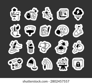 Studio icon set featuring designer workplace coffee sketch pen tool editor idea artist tools brush notebook discussion success