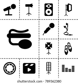 Studio icons. set of 13 editable filled studio icons such as microphone, movie clapper, pin microphone, speaker, equalizer, earphones, camera shutter, soft box, studio lapm