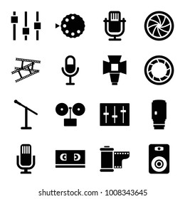 Studio icons. set of 16 editable filled studio icons such as gramophone, microphone, sliders, soft box, camera shutter, camera tape, adjust, speaker
