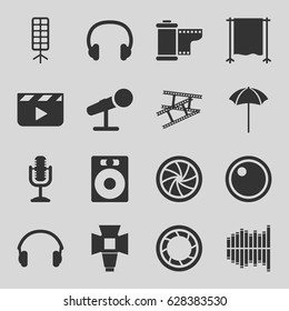Studio icons set. set of 16 studio filled icons such as microphone, equalizer, earphones, headset, soft box, camera shutter, camera tape, camera lense, clapper board