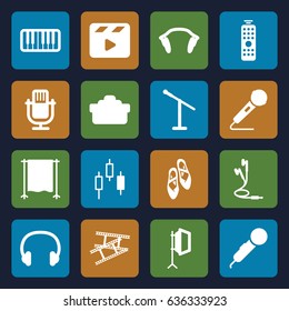 Studio icons set. set of 16 studio filled icons such as movie clapper, microphone, piano, earphones, headset, camera lense, camera tape, soft box, studio curtain