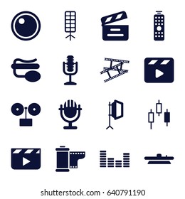 Studio icons set. set of 16 studio filled icons such as movie clapper, pin microphone, equalizer, microphone, camera lense, camera tape, soft box, remote control