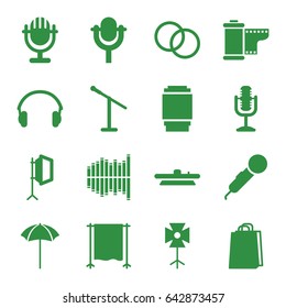 Studio icons set. set of 16 studio filled icons such as shopping bag, microphone, equalizer, earphones, camera lense, camera tape
