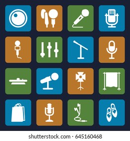Studio icons set. set of 16 studio filled icons such as shopping bag, microphone, earphones, camera lense, soft box, studio curtain, ballet shoes