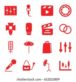 Studio icons set. set of 16 studio filled icons such as shopping bag, movie clapper, microphone, sliders, soft box, camera shutter, studio umbrella, camera lense, adjust