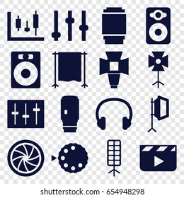 Studio icons set. set of 16 studio filled icons such as speaker, sliders, headset, soft box, camera shutter, studio curtain, camera lense, camera mode, clapper board, adjust