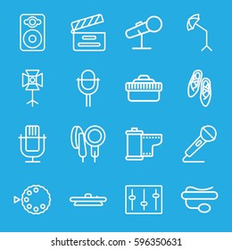 studio icons set. Set of 16 studio outline icons such as movie clapper, pin microphone, speaker, sliders, microphone, camera lense, camera tape, studio umbrella, soft box