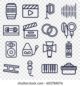 Studio icons set. set of 16 studio outline icons such as movie clapper, microphone, speaker, piano, equalizer, soft box, camera lense, camera tape, remote control