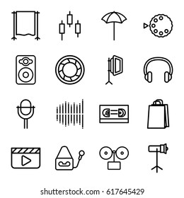 Studio icons set. set of 16 studio outline icons such as shopping bag, speaker, microphone, equalizer, headset, camera shutter, soft box, camera mode, gramophone