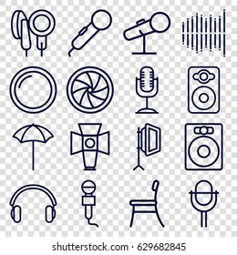 Studio icons set. set of 16 studio outline icons such as microphone, speaker, equalizer, earphones, soft box, camera shutter, studio umbrella, camera lense