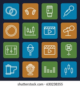 Studio icons set. set of 16 studio outline icons such as movie clapper, equalizer, sliders, microphone, earphones, camera tape, soft box, camera lense, panel control