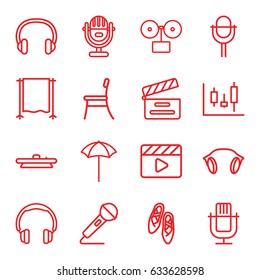 Studio icons set. set of 16 studio outline icons such as movie clapper, microphone, earphones, headset, camera lense, chair, ballet shoes, gramophone, panel control