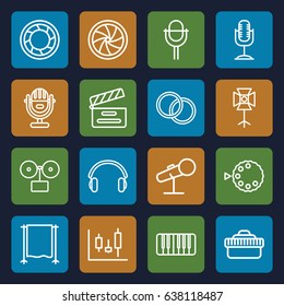 Studio icons set. set of 16 studio outline icons such as movie clapper, microphone, piano, earphones, camera shutter, camera lense, soft box, studio curtain, camera mode