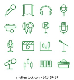 Studio icons set. set of 16 studio outline icons such as movie clapper, pin microphone, microphone, piano, earphones, camera lense, soft box, studio curtain, panel control