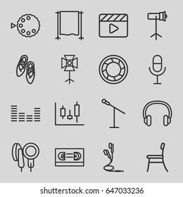 Studio icons set. set of 16 studio outline icons such as movie clapper, microphone, equalizer, earphones, headset, camera shutter, soft box, camera mode, chair, ballet shoes
