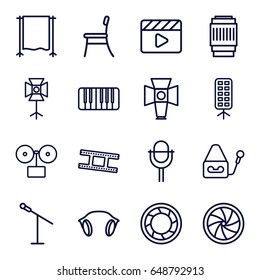 Studio icons set. set of 16 studio outline icons such as movie clapper, microphone, piano, earphones, soft box, camera shutter, camera tape, studio curtain, camera lense