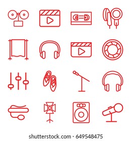 Studio icons set. set of 16 studio outline icons such as movie clapper, pin microphone, microphone, headset, camera shutter, soft box, studio curtain, ballet shoes, adjust