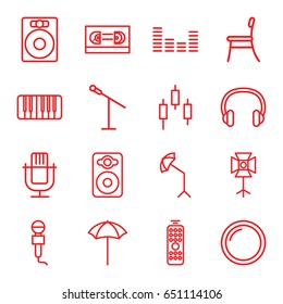Studio icons set. set of 16 studio outline icons such as microphone, speaker, equalizer, piano, headset, studio umbrella, soft box, camera lense, chair, remote control