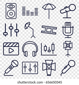 Studio icons set. set of 16 studio outline icons such as movie clapper, speaker, equalizer, sliders, microphone, soft box, camera tape, studio umbrella, adjust, panel control