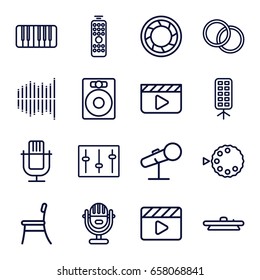 Studio icons set. set of 16 studio outline icons such as movie clapper, sliders, piano, equalizer, microphone, camera shutter, camera lense, soft box, camera mode, chair
