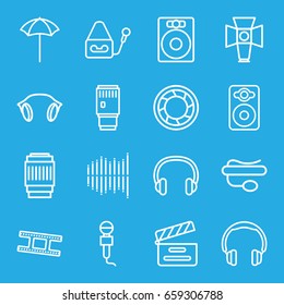 Studio icons set. set of 16 studio outline icons such as movie clapper, microphone, pin microphone, speaker, equalizer, earphones, headset, soft box, camera shutter