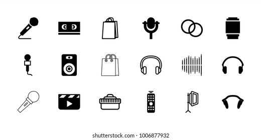 Studio icons. set of 18 editable filled and outline studio icons: clapper board, microphone, earphones, camera lense, remote control, shopping bag, equalizer, headset