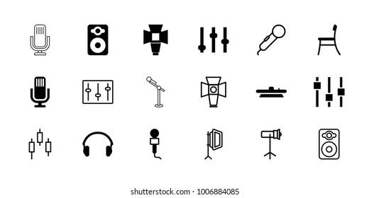 Studio icons. set of 18 editable filled and outline studio icons: adjust, microphone, speaker, earphones, soft box, camera lense, chair, control panel, sliders