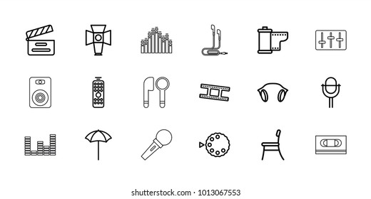 Studio icons. set of 18 editable outline studio icons: movie clapper, microphone, earphones, soft box, camera tape, studio umbrella, camera mode, chair, remote control