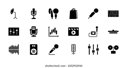 Studio icons. set of 18 editable filled studio icons: shopping bag, gramophone, microphone, sliders, equalizer, camera lense, studio umbrella, soft box, adjust, speaker